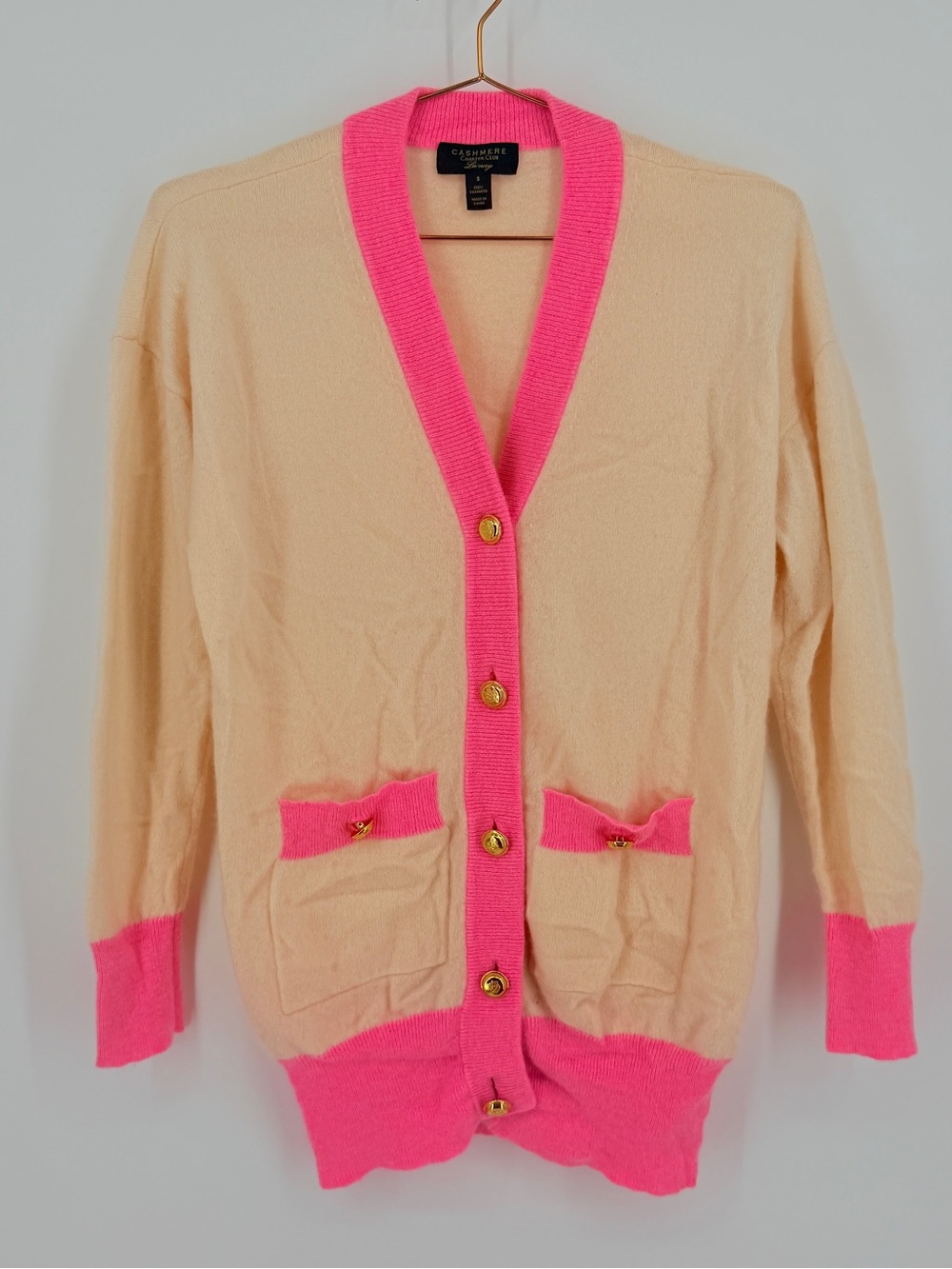 Charter Club Luxury 100% Cashmere Cardigan S Pink Cream Colorblock Gold Buttons